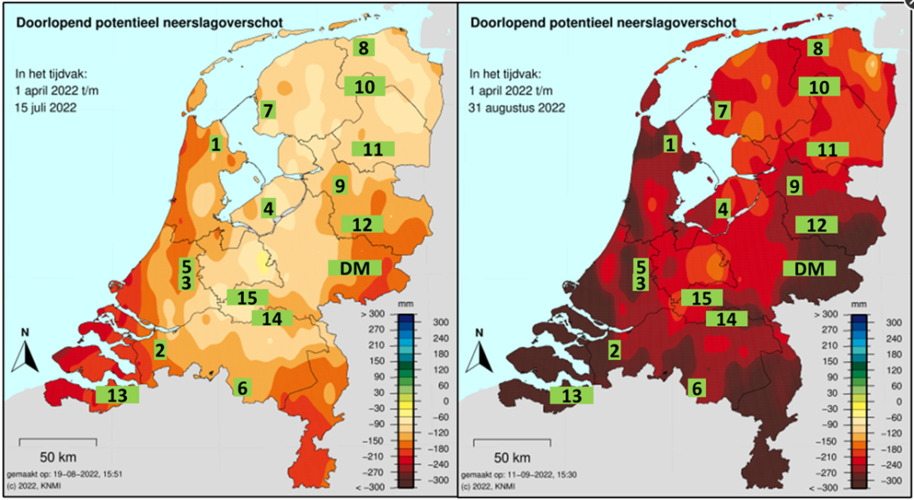 Figuur 2: Cumulatief neerslagtekort op 15 juli 2022 en 31 augustus 2022 (over periode vanaf 1 april 2022) De groen gearceerde getallen geven de globale locatie van de Koeien en Kansen-bedrijven aan.
  Droge zomer