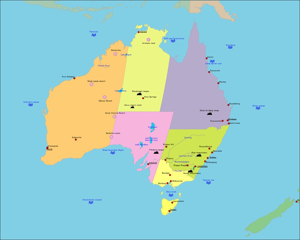 Op de kaart Australië met daaronder, 
het geel gekleurde eiland, Tasmanië.